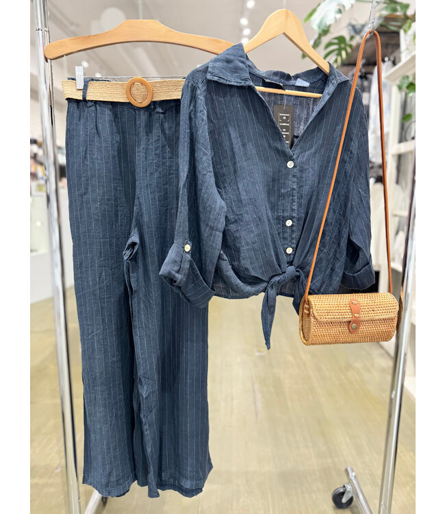 Striped Linen Pants w/Belt - Navy