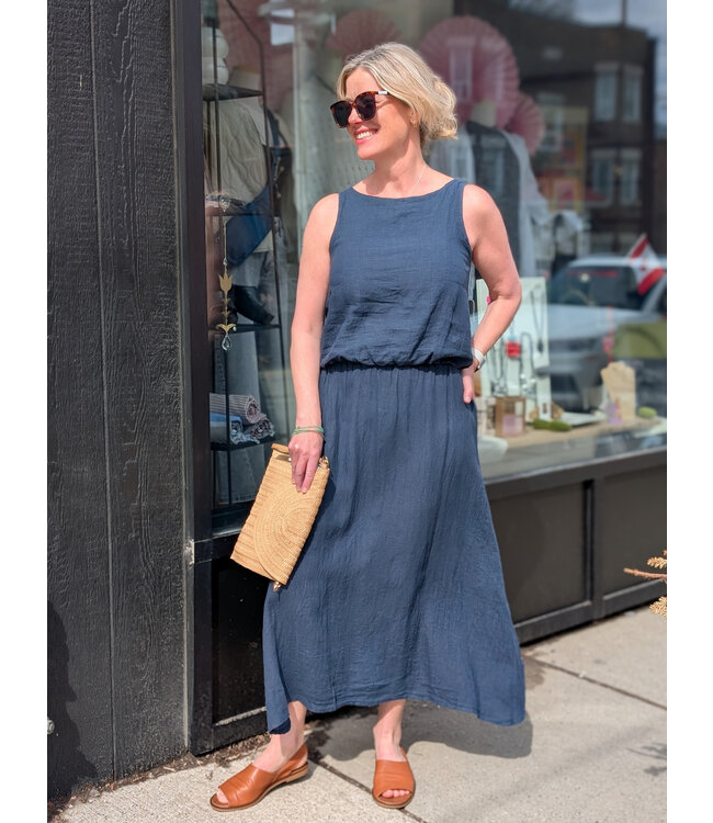 Cropped Linen Tank Top - Navy