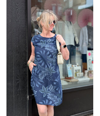 Angela Mara Floral Cap Sleeve Linen Dress - Midnight