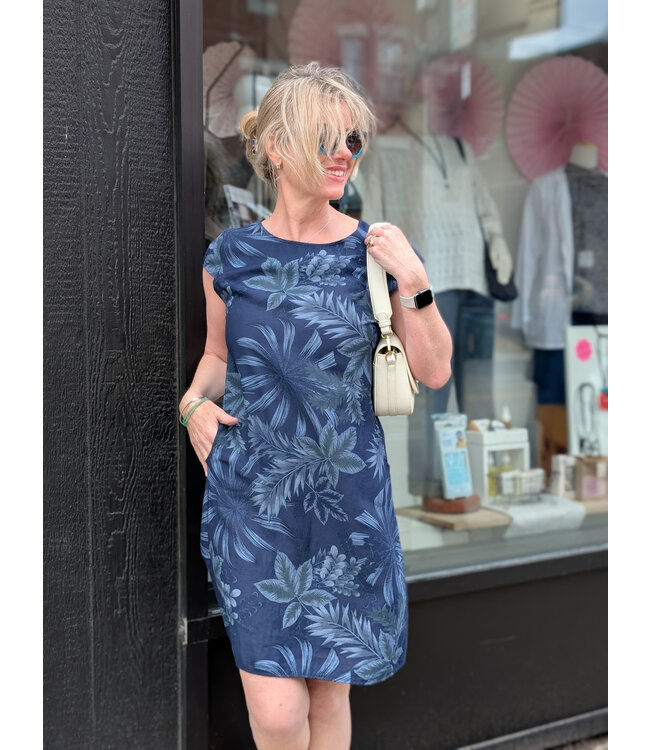 Angela Mara Floral Cap Sleeve Linen Dress - Midnight