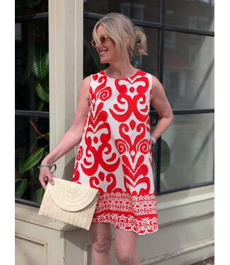 Angela Mara A-Line Two Tone Print Dress - Red