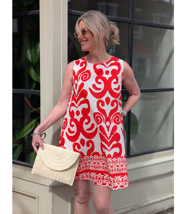 A-Line Two Tone Print Dress - Red