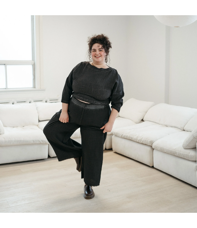 Pokoloko Crinkle Palazzo Pants Plus Size w/Drawstring - Black