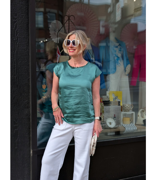 Melissa Nepton Fringe Neck Short Sleeve Top - Exotic Green