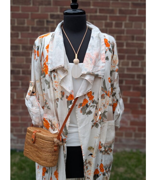 Linen Open Cardigan - Orange Sakura