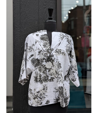 Made in Italy 3/4 Sleeve Floral Linen Top - White Blooms