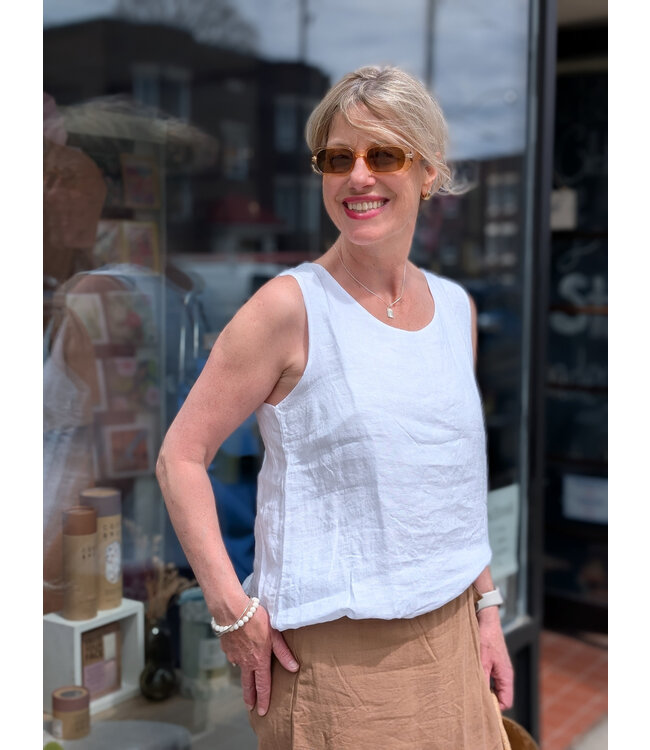 Made in Italy Linen Tank Top w/Elastic Hem - White