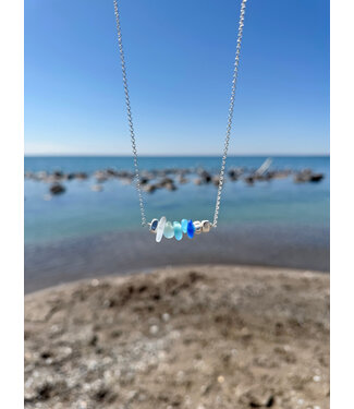 White Lotus Design Horizontal Stacked Seaglass Necklace - Blue