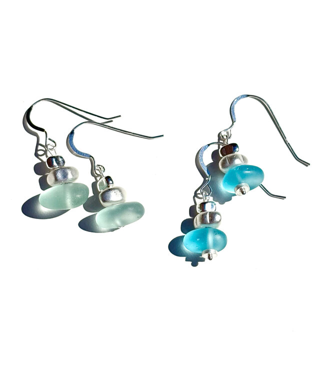 White Lotus Design Stacked Metal & Seaglass Earrings - Assorted