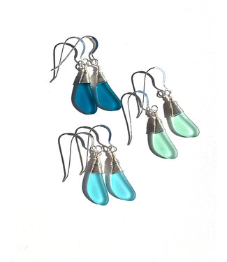 White Lotus Design Wire Wrap Seaglass Earrings - Assorted