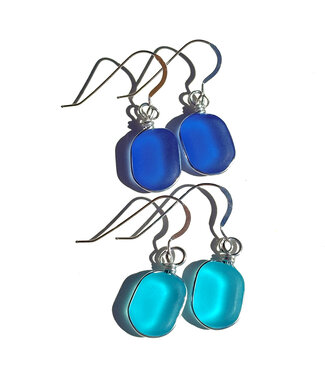 White Lotus Design Wire Wrap Round Frame Seaglass Earrings - Assorted