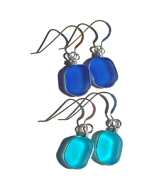 White Lotus Design Wire Wrap Round Frame Seaglass Earrings - Assorted
