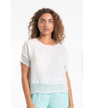Linen Tee with Mesh Hem - Bianco