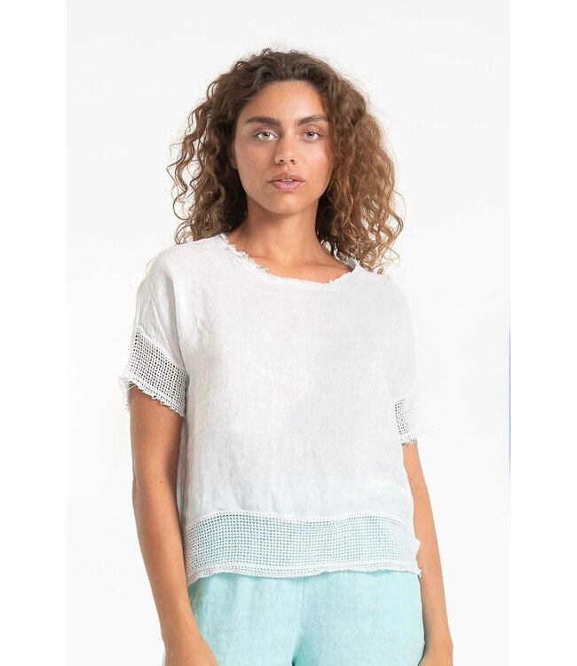 Linen Tee with Mesh Hem - Bianco