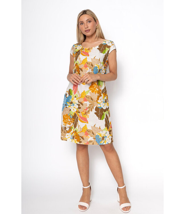 Cap Sleeve Linen Dress w/Elastic Waist - Cammello