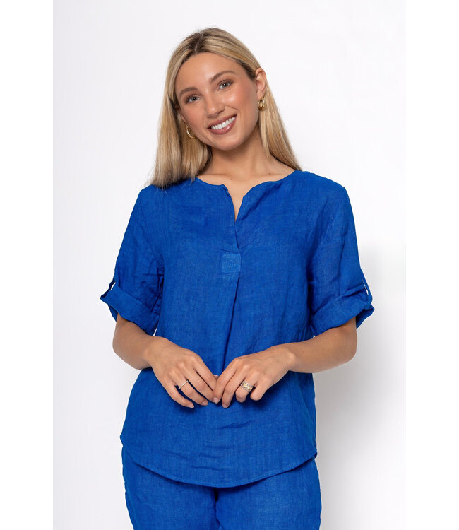 V-neck Linen Top Roll Sleeves - Royal