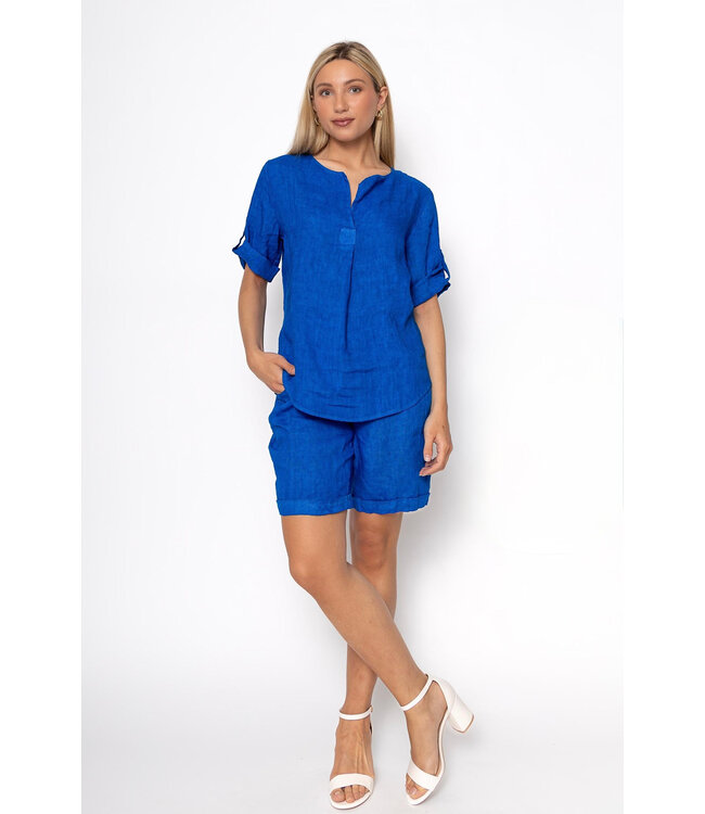 V-neck Linen Top Roll Sleeves - Royal