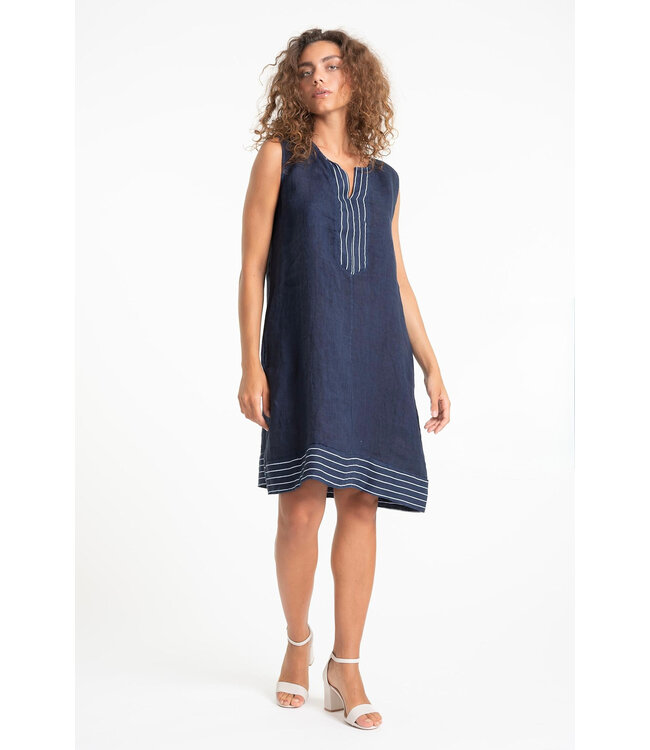 Linen Dress with Stripe Detail - Navy
