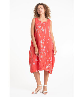 Sleeveless Linen Dress - Coral Dots and Lines
