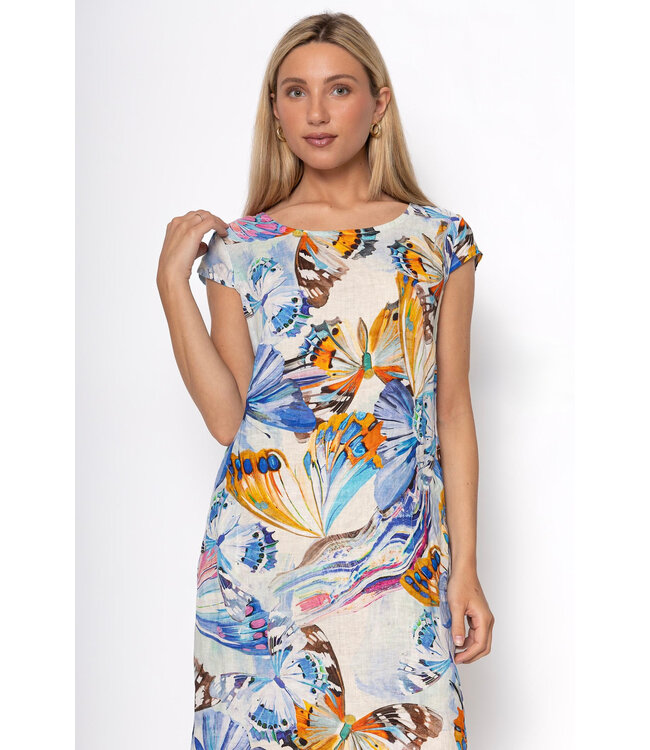 Cap Sleeve Linen Dress w/Elastic Waist - Royal