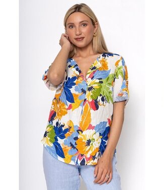 V-Neck Linen Top w/Roll Sleeves - Floral