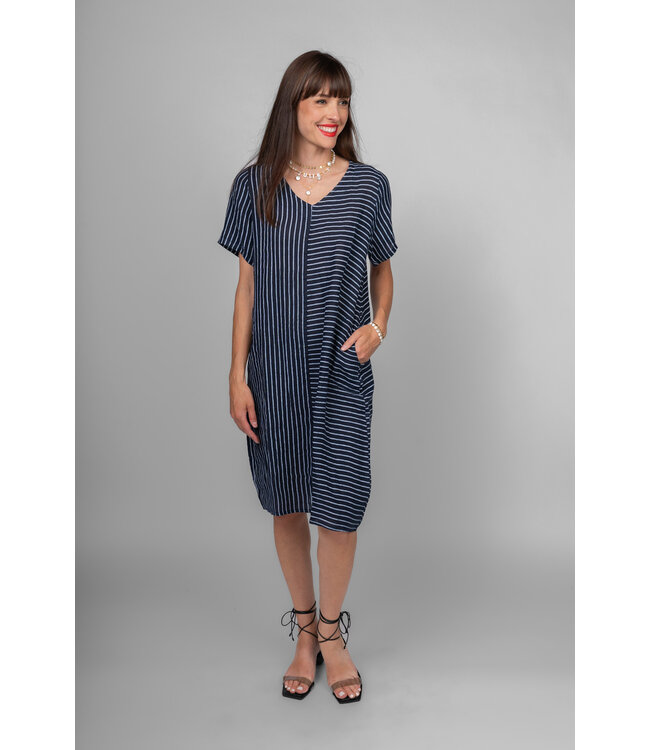 Short Sleeve Striped Linen Dress w/Pockets - Navy