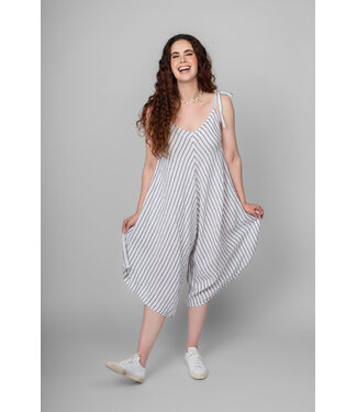 Striped Linen Romper with Tie Straps - White / Navy