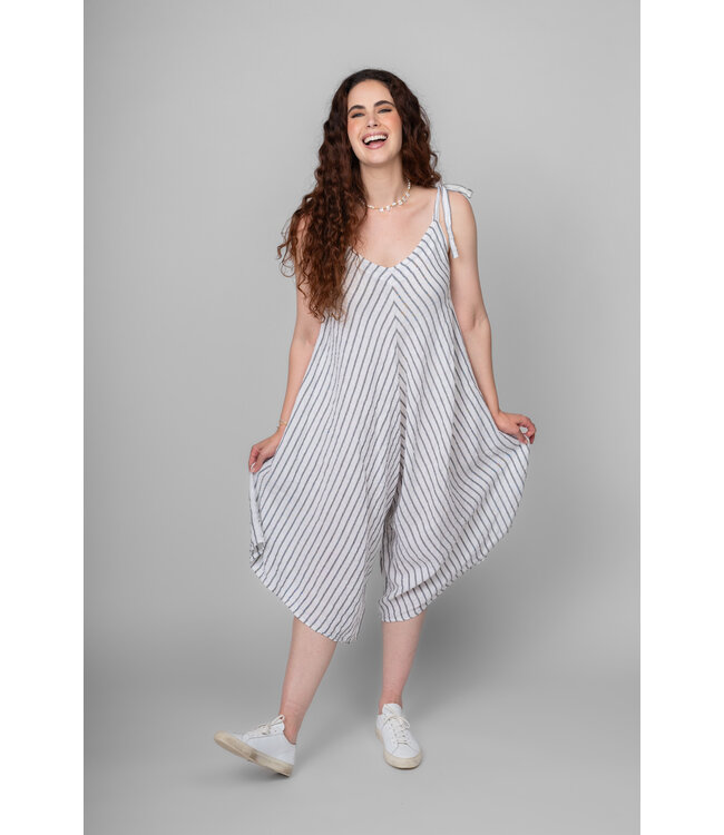 Striped Linen Romper with Tie Straps - White / Navy