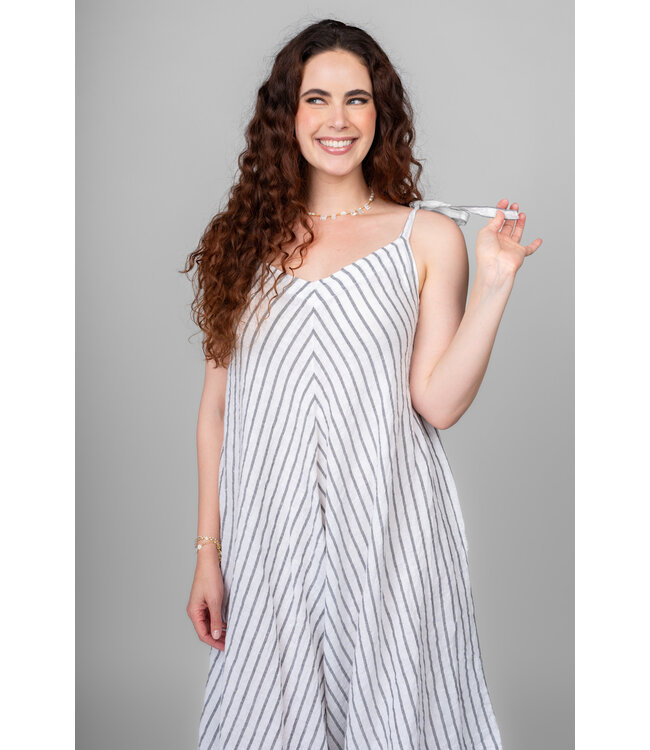 Striped Linen Romper with Tie Straps - White / Navy