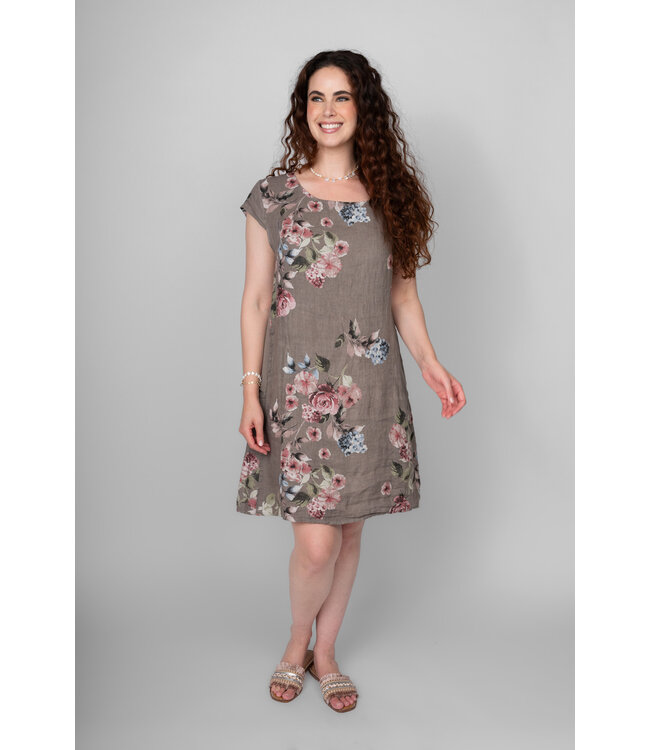 Floral Cap Sleeve Linen Dress - Mocha