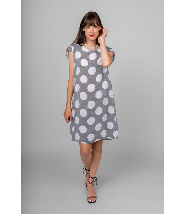 Polka Dot Cap Sleeve Linen Dress - Black / White