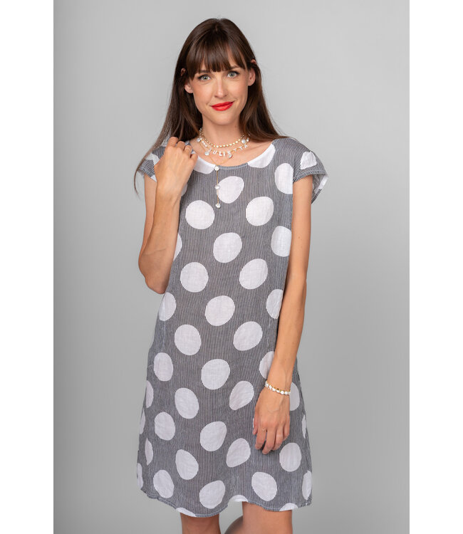 Polka Dot Cap Sleeve Linen Dress - Black / White