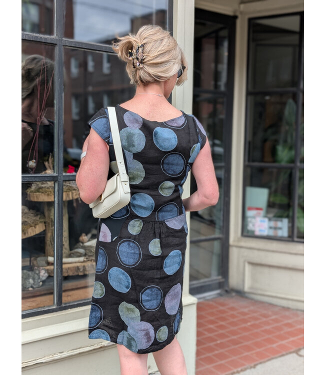 Dotted Linen Dress with Side Panels - Black