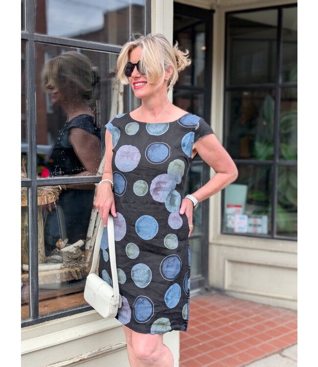 Dotted Linen Dress with Side Panels - Black