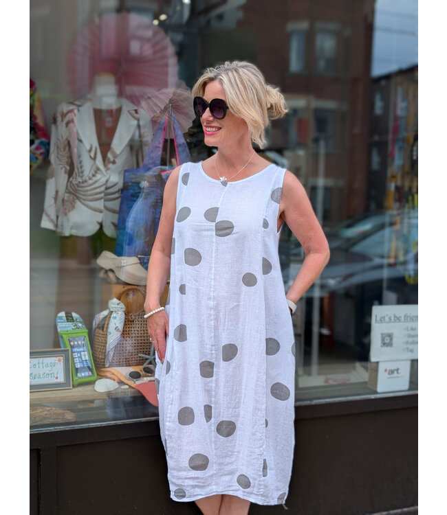 Linen Midi Dots Tank Dress w/ Pockets - White