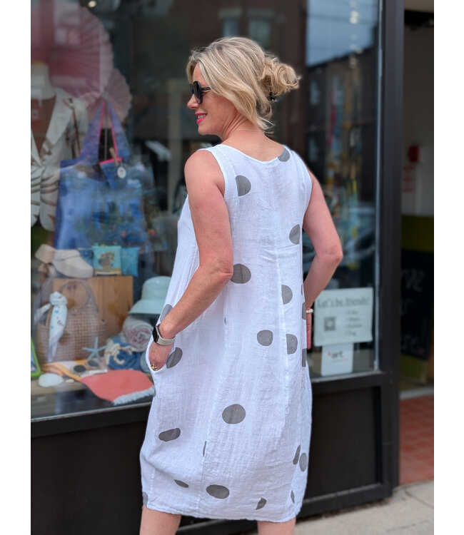 Linen Midi Dots Tank Dress w/ Pockets - White