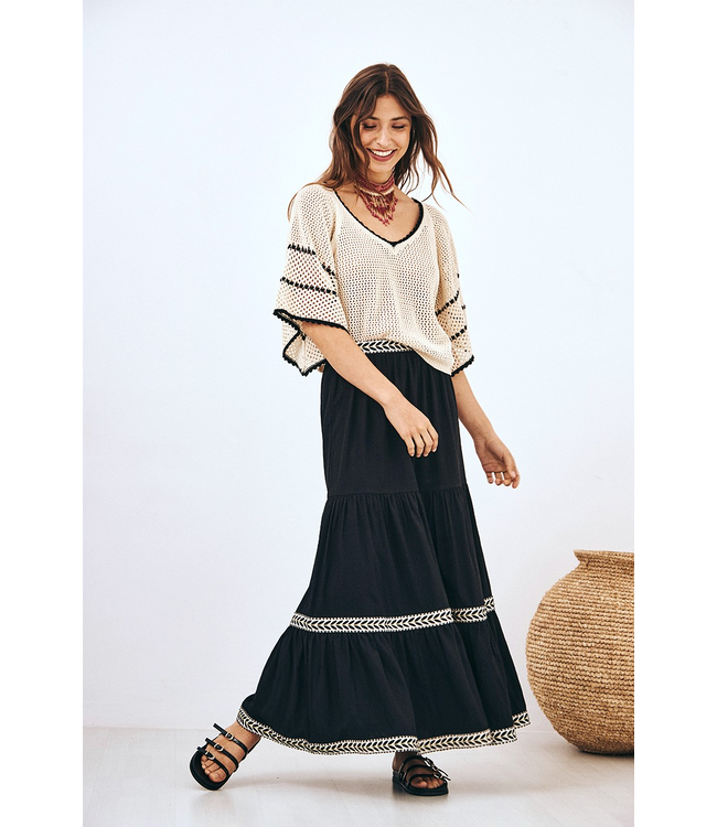 Tiered Embroidered Skirt - Black