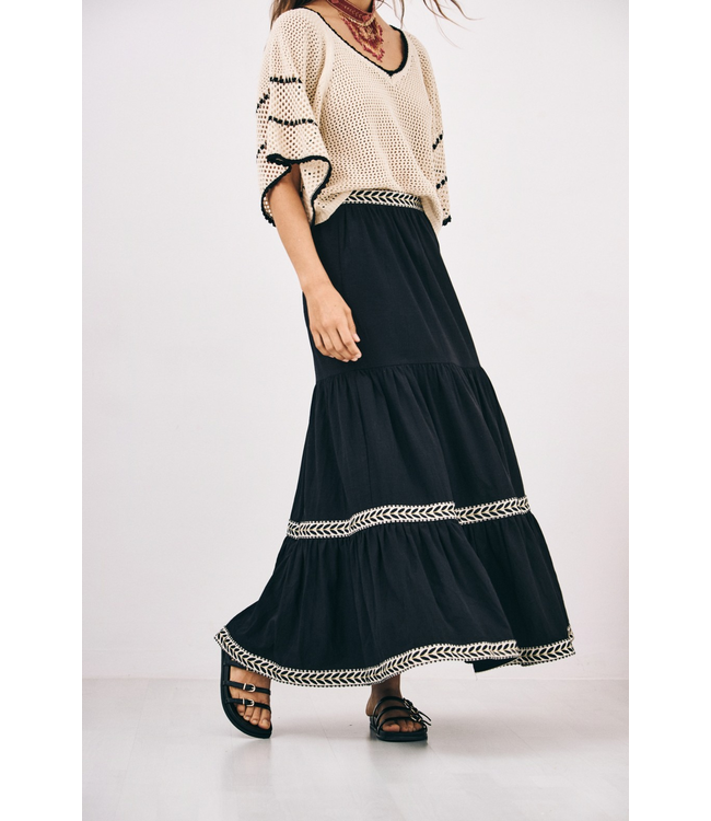 Tiered Embroidered Skirt - Black