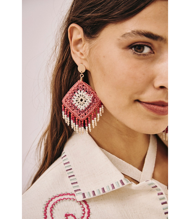 Crochet/Beaded Earrings - Coral