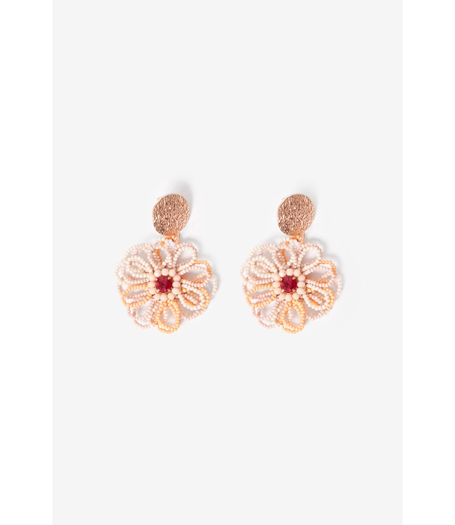 Flower Beaded Earrings - Coral