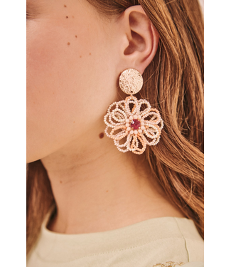 Flower Beaded Earrings - Coral