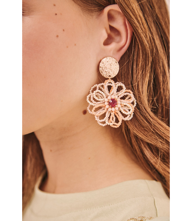 Flower Beaded Earrings - Coral