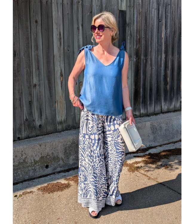 Molly Bracken Shoulder Tie-Up Tank Top - Denim Blue