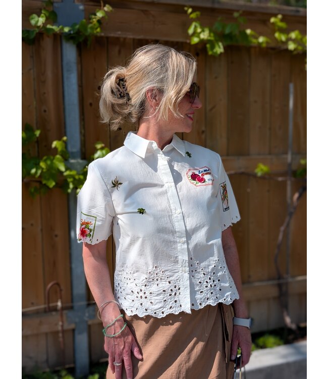 Desigual Printed Button Down w/ Eyelet - White