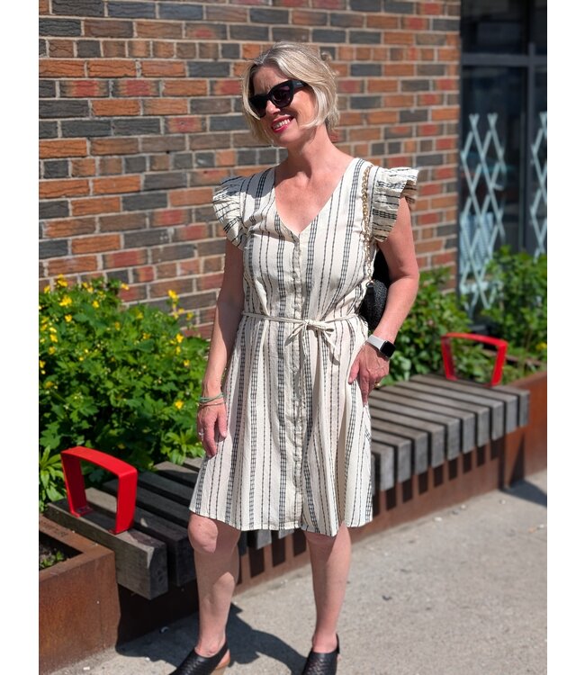 ICHI IHJosine Striped Button Dress - Birch