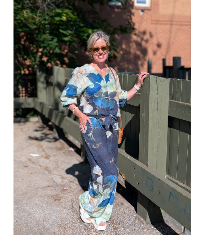 Floral Linen Tie-Up Top - Navy