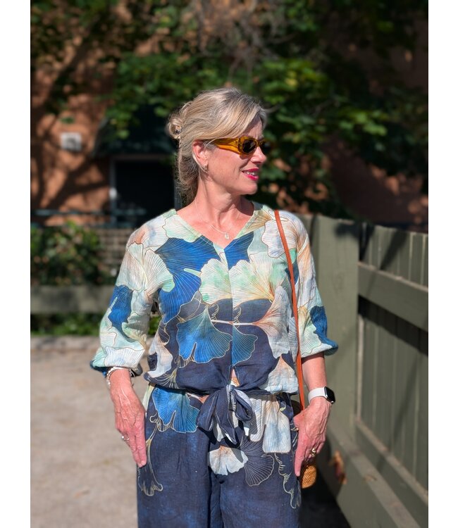 Floral Linen Tie-Up Top - Navy