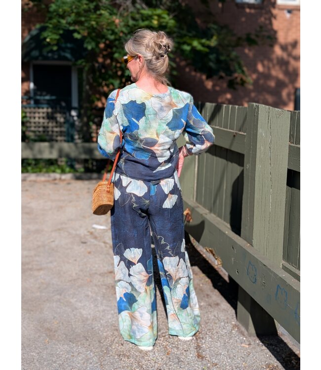 Floral Linen Pants - Navy