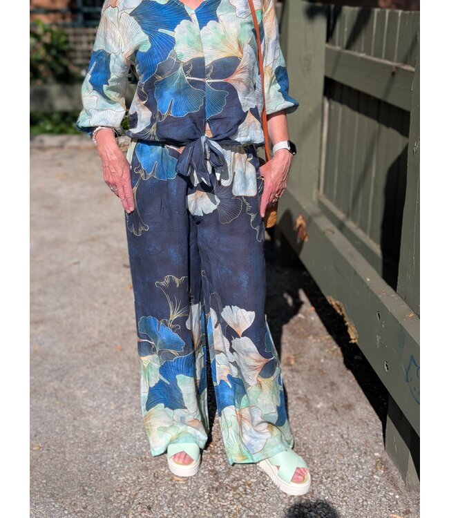 Floral Linen Pants - Navy