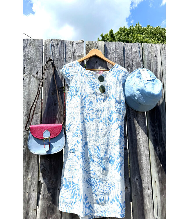 Floral Cap Sleeve Linen Dress - White / Blue